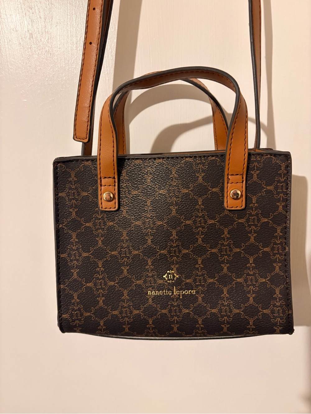 Nanette Lepore Brown and Tan Monogram Mini Satchel
